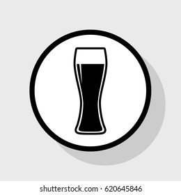 Beer glass sign. Vector. Flat black icon in white circle with shadow at gray background.