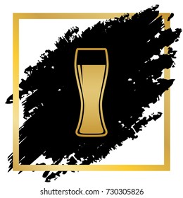 Beer glass sign. Vector. Golden icon at black spot inside golden frame on white background.