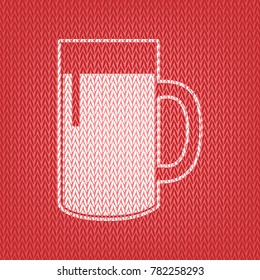 Beer glass sign. Vector. Knitted white icon on a red knitted background.