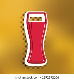 Beer glass sign. Vector. Magenta icon with darker shadow, white sticker and black popart shadow on golden background.