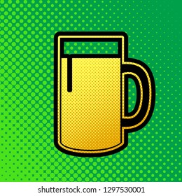 Beer glass sign. Vector. Pop art orange to yellow dots-gradient icon with black contour at greenish background.