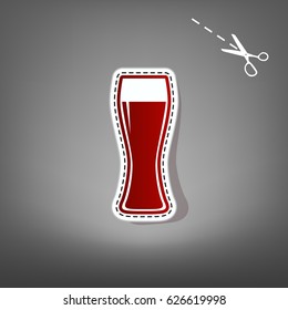 Beer glass sign. Vector. Red icon with for applique from paper with shadow on gray background with scissors.