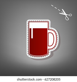 Beer glass sign. Vector. Red icon with for applique from paper with shadow on gray background with scissors.