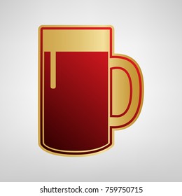 Beer glass sign. Vector. Red icon on gold sticker at light gray background.