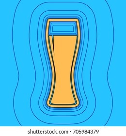 Beer glass sign. Vector. Sand color icon with black contour and equidistant blue contours like field at sky blue background. Like waves on map - island in ocean or sea.