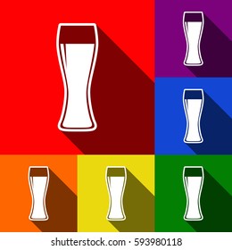 Beer glass sign. Vector. Set of icons with flat shadows at red, orange, yellow, green, blue and violet background.