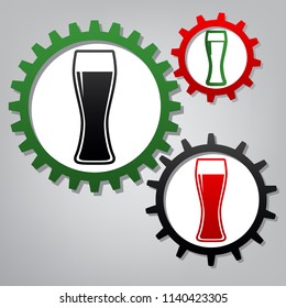 Beer glass sign. Vector. Three connected gears with icons at grayish background.