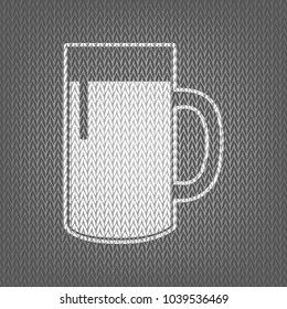 Beer glass sign. Vector. White knitted icon on gray knitted background. Isolated.