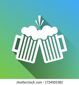 Beer glass sign. White Icon with gray dropped limitless shadow on green to blue background. Illustration.