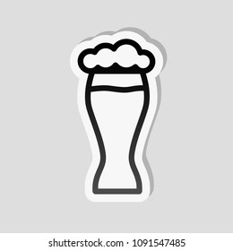 Beer glass. Simple linear icon with thin outline. Sticker style with white border and simple shadow on gray background