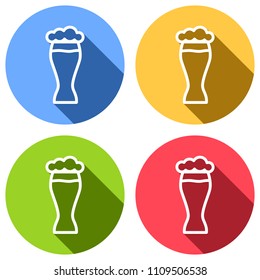 Beer glass. Simple linear icon with thin outline. Set of white icons with long shadow on blue, orange, green and red colored circles. Sticker style
