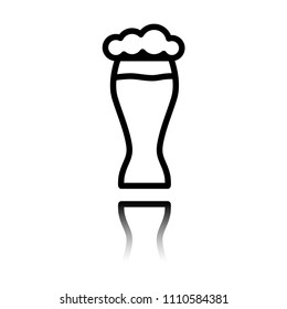 Beer glass. Simple linear icon with thin outline. Black icon with mirror reflection on white background