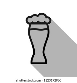 Beer glass. Simple linear icon with thin outline. Black object with long shadow on white background