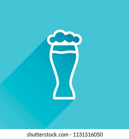 Beer glass. Simple linear icon with thin outline. Gray icon with long shadow in bottom left corner on blue background