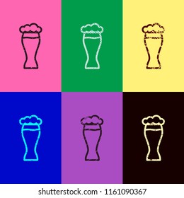 Beer glass. Simple linear icon with thin outline. Pop art style. Scratched icons on 6 colour backgrounds. Seamless pattern