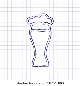 Beer glass. Simple linear icon with thin outline. Hand drawn picture on paper sheet. Blue ink, outline sketch style. Doodle on checkered background