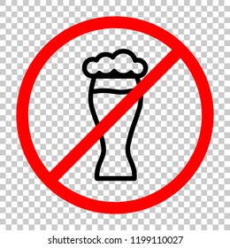 Beer glass. Simple linear icon with thin outline. Not allowed, black object in red warning sign with transparent background