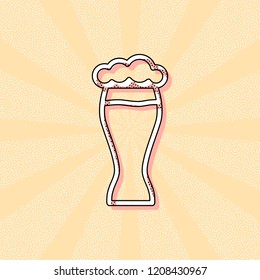 Beer glass. Simple linear icon with thin outline. Vintage retro typography with offset printing effect. Dots poster with comics pop art background