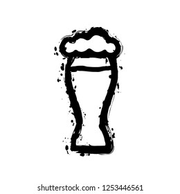 Beer glass. Simple linear icon with thin outline. Black ink with splashes on white background