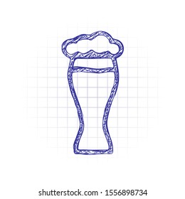 Beer glass. Simple linear icon with thin outline. Hand drawn sketched picture with scribble fill. Blue ink. Doodle on white background