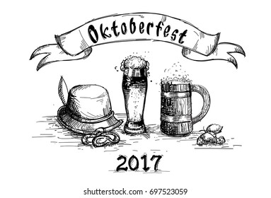 Beer Glass Sketch Mug Oktoberfest Festival Banner Vector Illustration