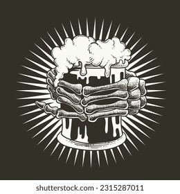 Beer glass with skull and bones. Vector illustration in vintage style
