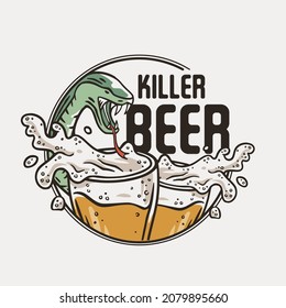 Beer glass with snake and foam for print. Original brew design of beer mug with serpent and froth for bar