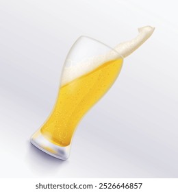 beer glass with splashed foam on white