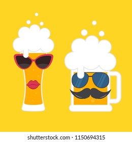 Beer glass with sunglasses and a mustache. Oktoberfest beer festival. Illustration for advertisement, poster, flyer. Symbol template logo. Isolated vector illustration.