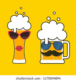 Beer glass with sunglasses and a mustache. Oktoberfest beer festival. Illustration for advertisement, poster, flyer. Symbol template logo. Isolated vector illustration.