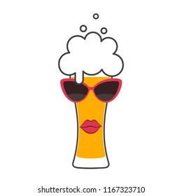 Beer glass with sunglasses. Oktoberfest beer festival. Illustration for advertisement, poster, flyer. Symbol template logo. Isolated vector illustration on white background.