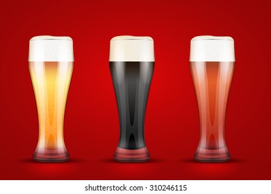 Beer glass with three kind of beers. Lager, Porter and Ale. Vector Illustration