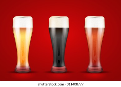 Beer glass with three kind of beers. Lager, Porter and Ale. Vector Illustration