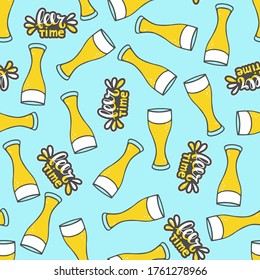  Beer Glass and beer time lettering on blue background Seamless pattern. Vector doodle sketch. Oktoberfest digital paper. Concept for pub, bar, restaurant menu, party decoration, T-shirt print