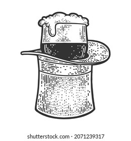 Beer glass in top hat sketch engraving vector illustration. T-shirt apparel print design. Scratch board imitation. Black and white hand drawn image.