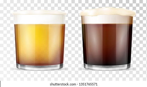 Beer glass. Transparent cup. Glass full with ale and foam. Transparent realistic elements. Vector illustration