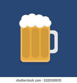 Beer in glass vector graphic illustration, flat icon, isolated on dark blue background. Half-litre or pint of alcoholic beverage, beer with beer head, foam in glass.