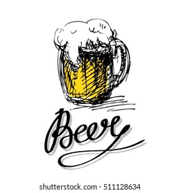 Beer glass vector grunge silhouette isolated on white background. Oktoberfest beer drink vector. Beer pub alcohol illustration. Vintage calligraphic beer design.