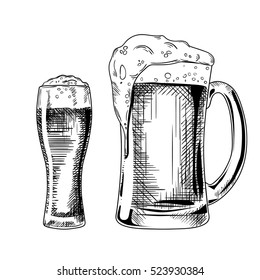 Beer glass. Vector vintage engraved illustration isolated on white background.Ink hand drawn style