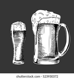 Beer glass. Vector vintage illustration isolated on white background. Ink hand drawn style