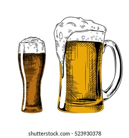 Beer glass. Vector vintage illustration isolated on white background. Light beer in glasses. Ink hand drawn style