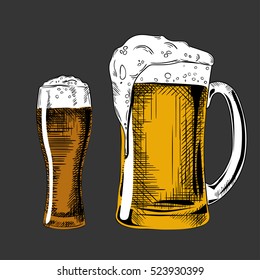 Beer glass. Vector vintage illustration isolated on grey background. Light beer in glasses. Ink hand drawn style