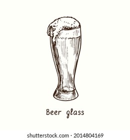 Beer glass weizen. Ink black and white doodle drawing in woodcut style.