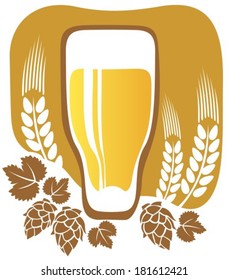 Beer glass and wheat ears on a brown background.