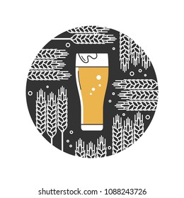 Beer glass and wheat. Vector linear icon in a circle on a dark background.