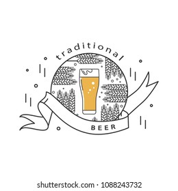 Beer glass and wheat. Vector linear icon in a circle with ribbon.