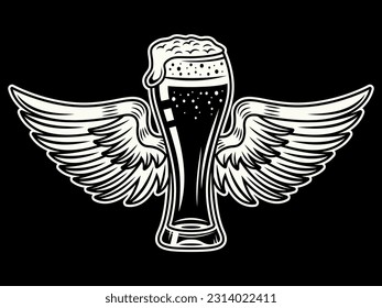 Beer glass with wings vector illustration in tattoo vintage style on dark background