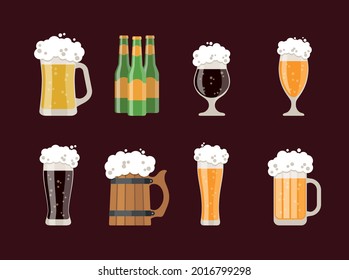 Beer glass and wood  mug,  beer bottles vector illustration  . Alcohol drinks set. 