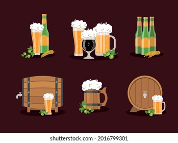 Beer Glass, Wood  Mug,  Beer Bottles, Wood Barrel. Vector Illustration. Beer  Design Set. 