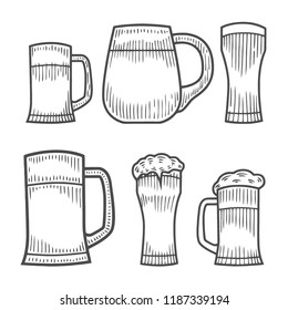 Beer glass, wooden mug. Sketch style vector illustration. Hand drawn isolated beverage object on white background. Alcoholic drink drawing. Great for restaurant, bar, pub menu, oktoberfest